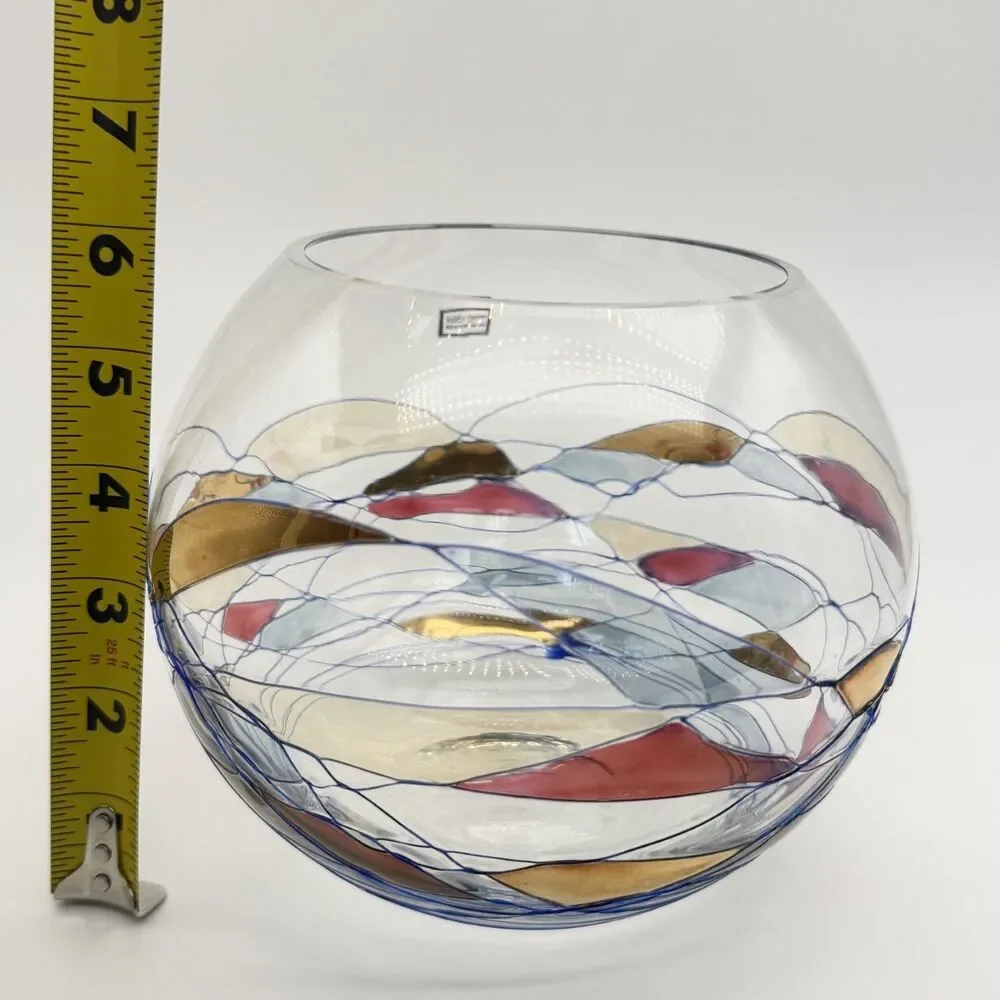 Romanian Mosaic Stained Glass Hand Blown Crystal Fish Bowl Round Vase Swirl 6”